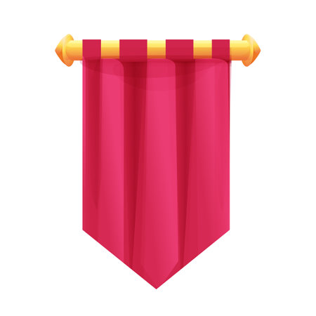 Red hanging medieval banner flag with cloth texture and golden decoration in cartoon style isolated on white background. Ui game asset, heraldic design element,のイラスト素材