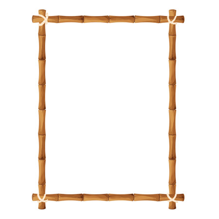 Bamboo border frame with rope in cartoon style, decoration isolated on white background stock vector illustration. Hawaiian, tribal blank from sticks.のイラスト素材
