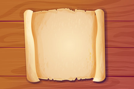 wooden desk, table with parchment paper scroll notes top view in cartoon style. Antique document, empty pages.のイラスト素材