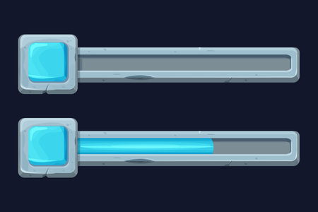 Stone menu bar, progress process scale for level interface in cartoon style isolated. Game asset, set templateのイラスト素材