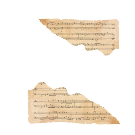 Parchment piece of paper with old music melody, song scrapbook sheet isolated on white background, design element, frame.のイラスト素材