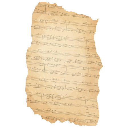 Parchment piece of paper with old music melody, song scrapbook sheet isolated on white background, design element, frame.のイラスト素材