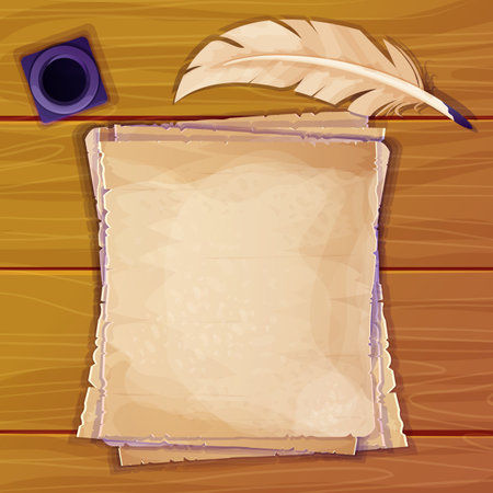 wooden desk, table with parchment paper notes, inkwell and feather pen top view in cartoon style. Antique document, empty pages.のイラスト素材