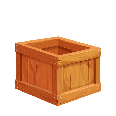 Wooden box, delivery container in cartoon style, game asset isolated on white background. Wood packing, open textured.のイラスト素材