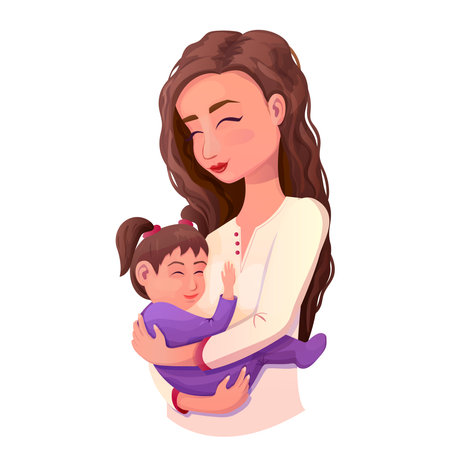 Mother with daughter, cute hug characters, mothers day in cartoon style isolated on white background. Childcare, sweet baby.のイラスト素材