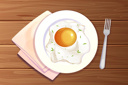 Egg fried on plate, kitchen wooden table top view decorated with tablecloth in cartoon style. Morning foodのイラスト素材