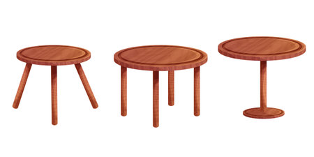 Wooden table round desk tectured in comic cartoon style isolated on white background. Rustic furniture with legs.のイラスト素材