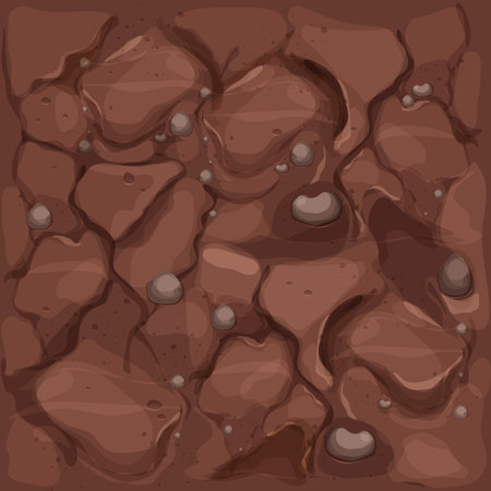 Ground texture, soil top view in cartoon style with stones and texture seamless. Game interface background, brown earth.のイラスト素材