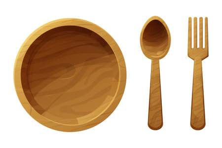 Set Wooden plate with spoon and fork, bowl top view in cartoon style isolated on white background. Textured kitchen rustic tableware, traditional.のイラスト素材