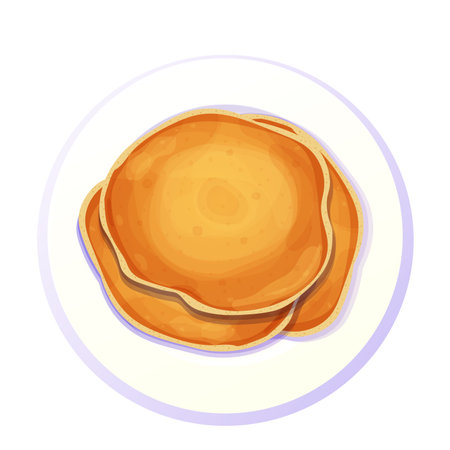 Pancakes stack top view in plate in cartoon style isolated on white background. Circle dessert, breakfast.のイラスト素材