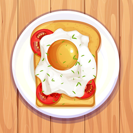 Fried egg with toasted bread sandwich top view on wooden table in cartoon style. Food, breakfast on plateのイラスト素材