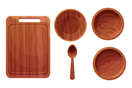Set Wooden plate with spoon, bowl top view in cartoon style isolated on white background. Textured kitchen rustic tableware, traditional.のイラスト素材