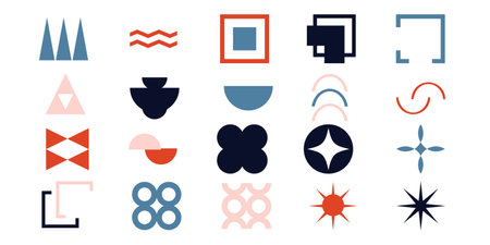 Set geometric shapes contemporary modern trendy elements basic forms isolated on white background, futuristic figures, minimal abstractのイラスト素材