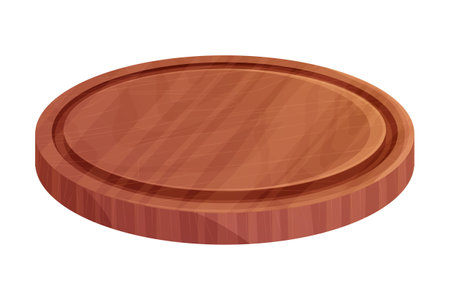 Wooden round pizza board, pate top view in cartoon style isolated on white background. Kitchen enpty cutting desk.のイラスト素材