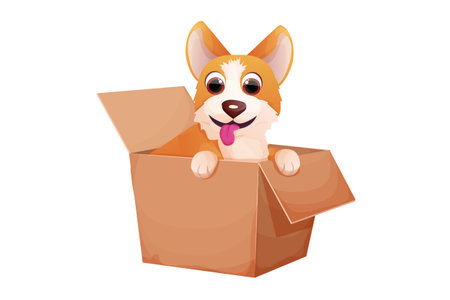 Corgi cute pet, puppy in the box, adopt animal concept, homeless character in cartoon style isolated on white background.のイラスト素材