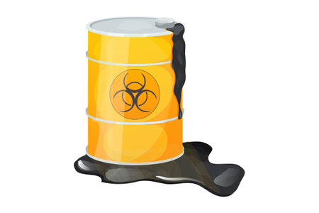 Metal barrel toxic, dangerous sign with liquid around, waste, pollution in cartoon style isolated on white background. Radioactive, flammable material.のイラスト素材