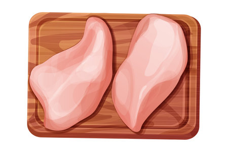 Chicken fillet meat part breast top view on wooden board in cartoon style isolated on white background. Boneless raw ingredientのイラスト素材