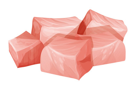 Chicken pieces, cubes raw meat, chopped sclices in cartoon style isolated on white background. Uncooked ingredient.のイラスト素材