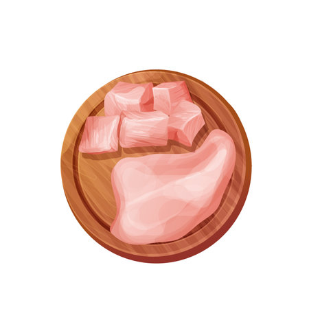 Chicken file and pieces, cubes raw meat, chopped slices on wooden bord in cartoon style isolated on white background. Uncooked ingredient.のイラスト素材