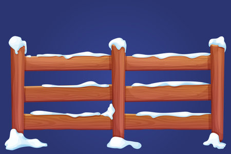 Wooden fence with snow barrier construction in cartoon style isolated. Game element, background, detailed asset.のイラスト素材
