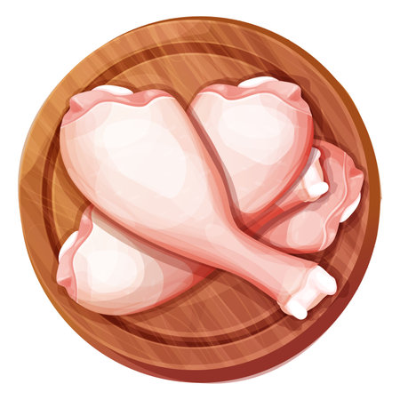 Chicken leg, raw drumstick top view on wooden round board in cartoon style isolated on white background. Bird meat uncoocked, ingredient design.のイラスト素材
