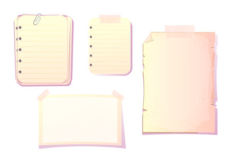 Set Empty papers for notes, journal with tape in cartoon style isolated on white background. Torn paper, scrapbook piecesのイラスト素材