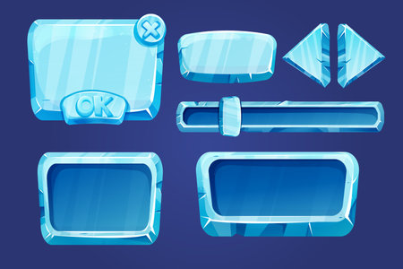 Set game menu assets ice buttons, interface elements 2d in cartoon style isolated. Blocks, shapes frozen gui panels, sliders, arrows.のイラスト素材