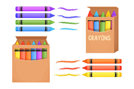 Set Wax crayons in carton box and with brush stroke in cartoon style isolated on white background. Preschool palette, pencils for education.のイラスト素材
