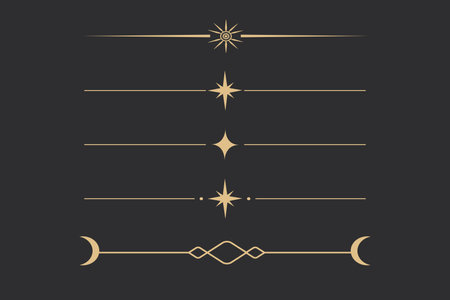 Celestistial border, esoteric dovider line art with sparkles, stars and moon gold colored isolated on dark background.のイラスト素材