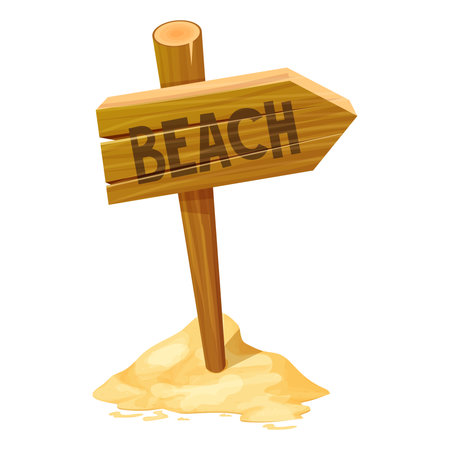 Wooden pointer, directional sign with sand in cartoon style isolated on white background. Summer, sea holiday plank.のイラスト素材