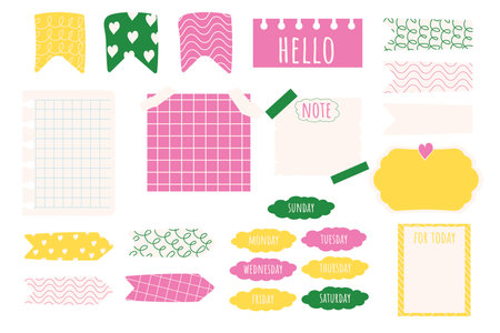Set planner stickers, bookmarks and elements doodle cartoon style, bright trendy isolated on white background.のイラスト素材