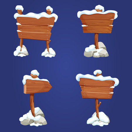 Old wooden blank, signboard on stick with snow and stones in cartoon style.Empty frame, direction plank isolated on white background. Game element Season decorationのイラスト素材