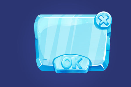 Ice button, frozen frame, level menu in cartoon style isolated on white background. Glass shiny panel, game ui element.のイラスト素材