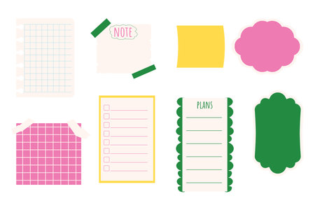 Set planner stickers, bookmarks and elements doodle cartoon style, bright trendy isolated on white background.のイラスト素材