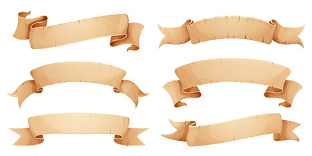 Set Parchment paper scroll ribbon, old vintage banner game ui element in cartoon style isolated on white background.のイラスト素材