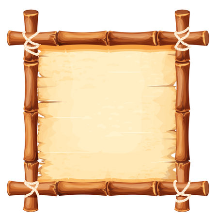 Bamboo frame with old parchment paper decorated with rope in cartoon style isolated on white background. Game ui board, signのイラスト素材