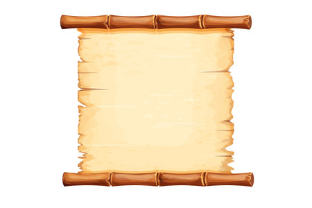 Bamboo frame with old parchment paper decorated with rope in cartoon style isolated on white background. Game ui board, signのイラスト素材