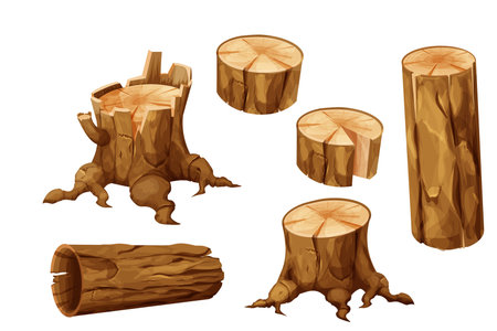 Set Wooden stump forest tree trunk with roots, log, cut section in cartoon style isolated. Plant detailed.のイラスト素材
