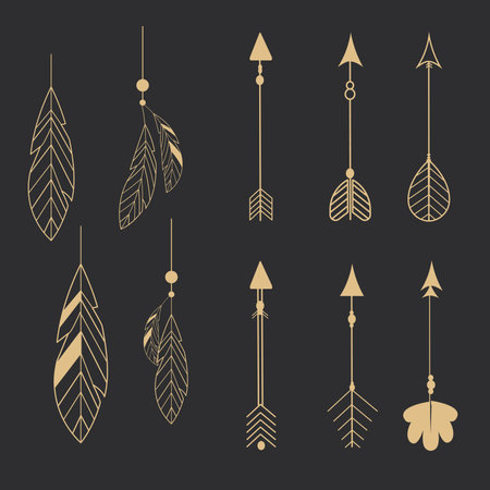 Set golden tribal feathers line art native arrow ethnic indian in doodle style on dark background. Geometric boho elements.のイラスト素材