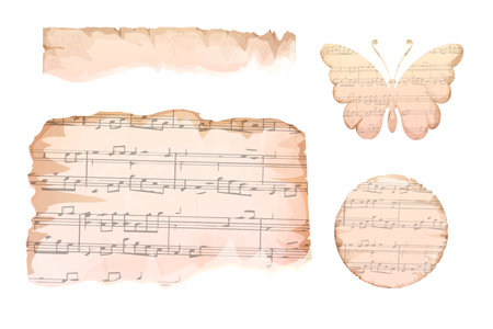 Set vintage torn paper, frames pieces paper butterfly from sheets aged with notes, melody carton isolated on white background, Scrapbook texturedのイラスト素材