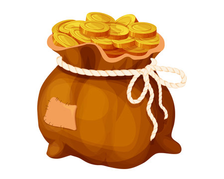 Money bag, sack with golden coins in cartoon style isolated on white. Game element asset success, trophy.のイラスト素材