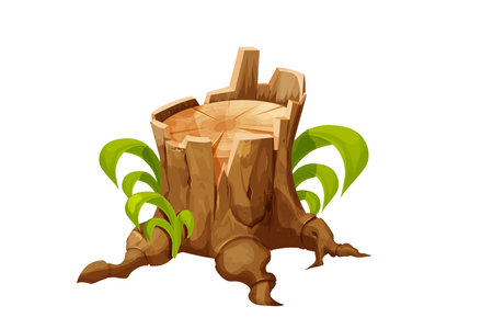 Wooden stump forest tree trunk with roots, cut section in cartoon style isolated. Plant detailed.のイラスト素材