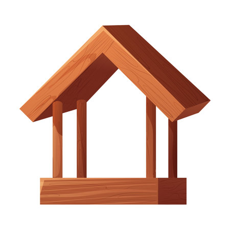 Wooden bird feeder with roof and seeds inside in cartoon style isolated on white background. Hanging construction, bird care.のイラスト素材