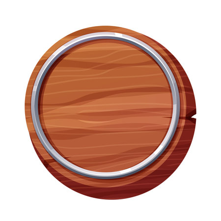 Wood circle panel with metal border, frame in cartoon style isolated on white background. Signboard bar, menu template, game ui background.のイラスト素材