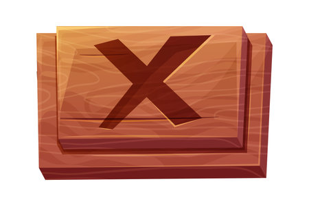 Wooden close menu button X textured in cartoon style isolated on white background. Rustic gui, timber.のイラスト素材