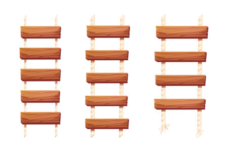 Set Wooden ladder with rope, planks hanging, staircase in cartoon style isolated on white background, Bridge, game road.のイラスト素材
