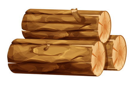 Stack Tree log, wood, forest trunk pile in cartoon style isolated on white background. Piece or section. Detailed and textured ibject.のイラスト素材