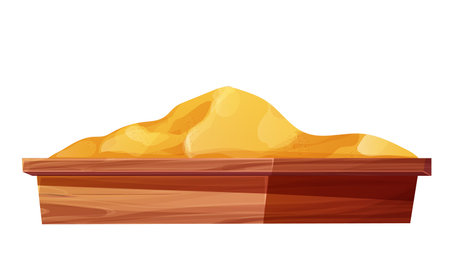 Wooden sandbox with sand pile in cartoon style, playground for kirs outdoor isolated on white background.のイラスト素材