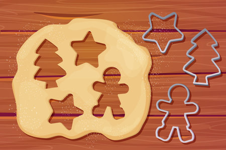 Dough with rolling pin cookie cutter star, man, christmas tree shapes shape top view cartoon style on wooden table. Preparation, cooking.のイラスト素材