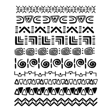 Set african tribal motive border in doodle hand drawn style from geometrical shapes isolated on white background. boho scandinavian srtoke, traditional native decor.のイラスト素材